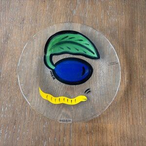 Ulrica Hydman-Vallien for Kosta Boda Hand Painted Fused Glass Fig/Worm Plate